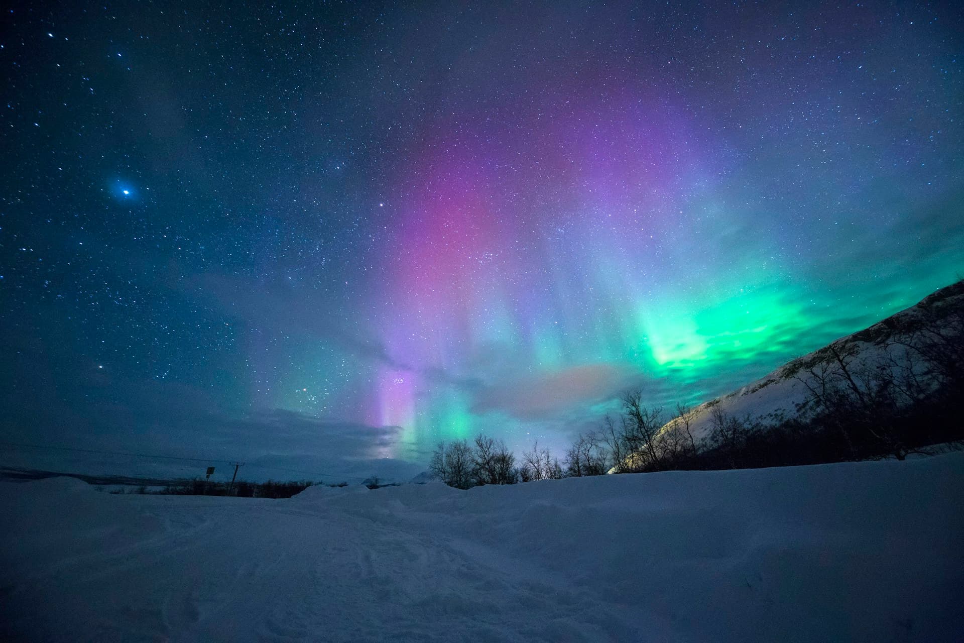 Aurora over a snow field under a star field
