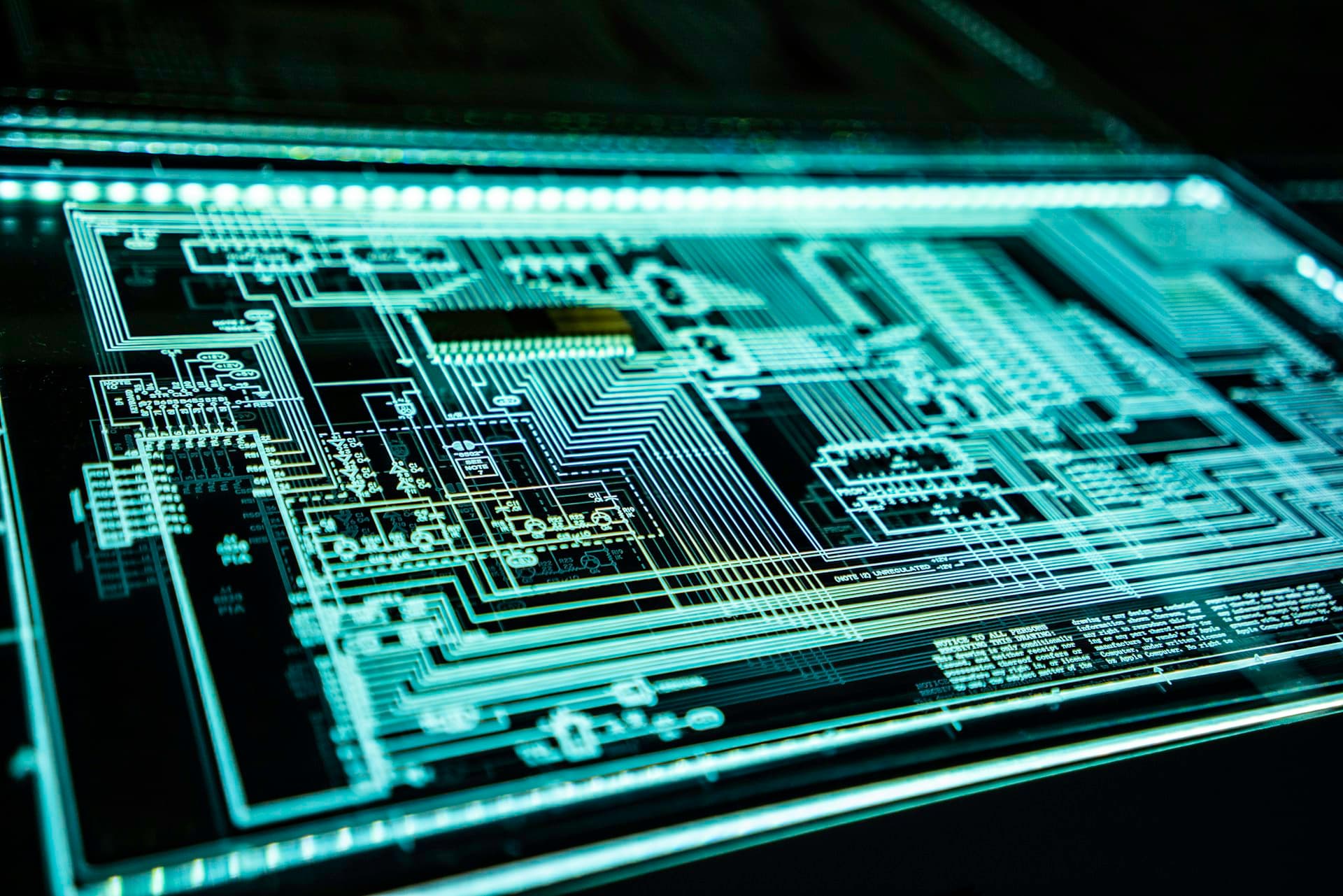 A circuit layout photographed as white traces on black